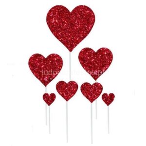 Topo Bolo Corações Vermelho Glitter 7unid