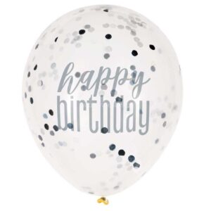 Balão Látex Confettis Happy Birthday Preto e Prata 6unid