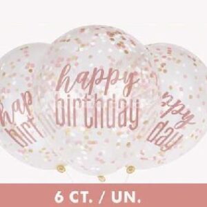 Balão Látex Confettis Happy Birthday Rose Gold 6unid