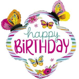 Balão Borboletas Happy Birthday riscas 76cm