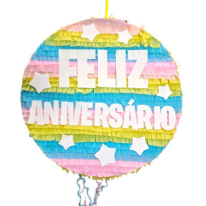 Pinhata Feliz Aniversário Rosa/Azul/Amarelo 40cm