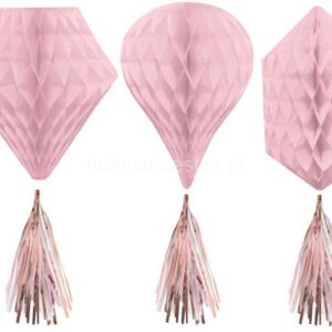 Decoração Favo Mel Rosa e rose gold 3unid