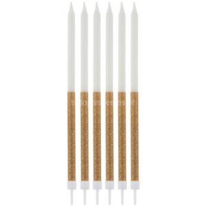 Velas Compridas Brancas Glitter Dourado 16unid