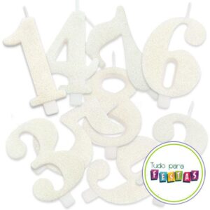 Velas Branco Glitter Números 8cm